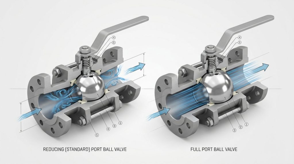 Cutaway comparison of a reducing ball valve and a full port ball valve