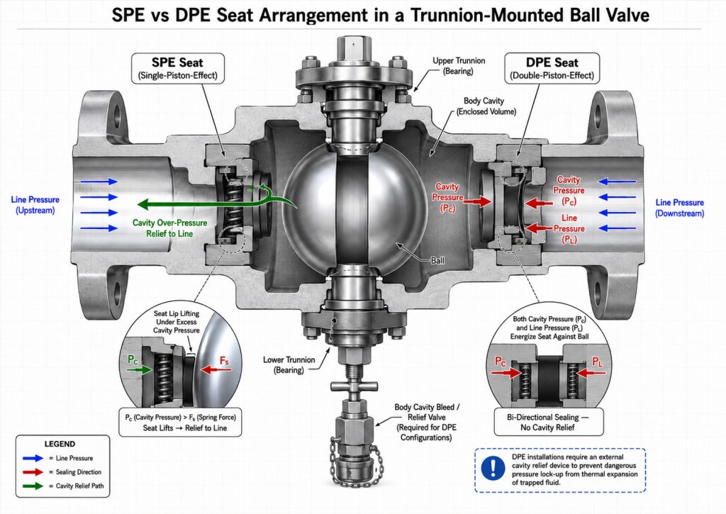Trunnion ball valve seat piston effects and body cavity pressure paths