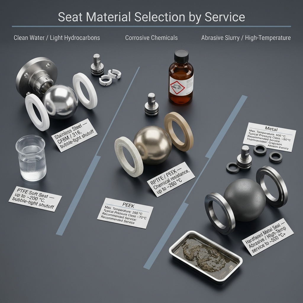 Flanged ball valve seat materials for clean fluid and corrosive media