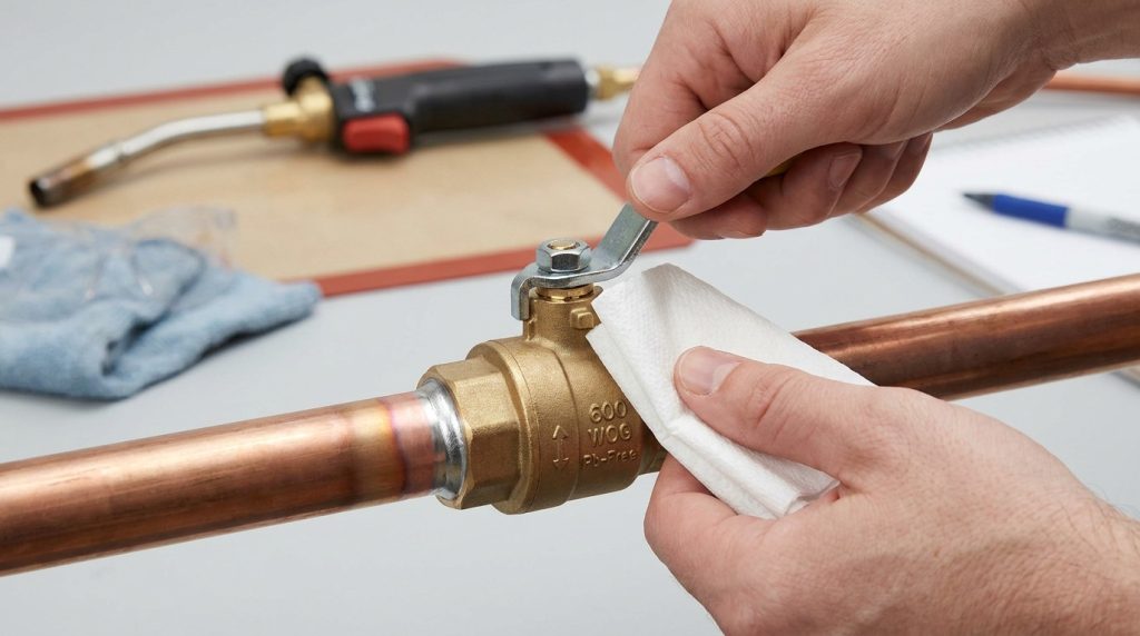 Technician checking a soldered ball valve for smooth handle movement and stem leakage after cooling