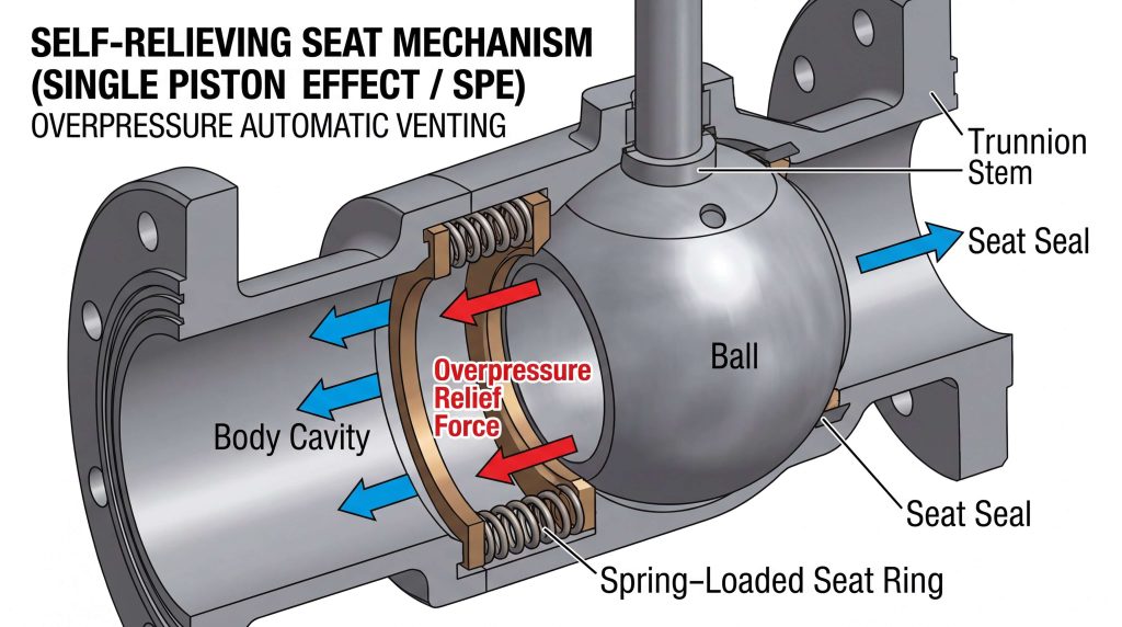 Self-relieving seat mechanism (Single Piston Effect / SPE)