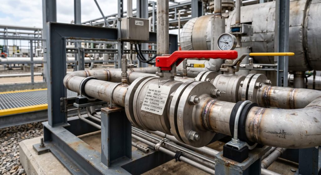 Photographic view of an industrial facility piping skid utilizing stainless steel ball valves labeled with pressure ratings.