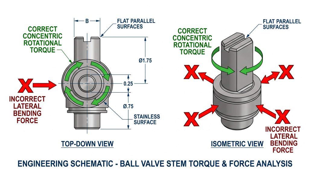 Technical schematic of a ball valve stem with correct torque directions