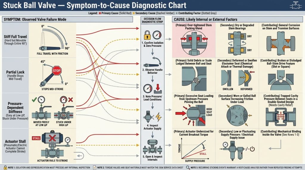 Diagnostic chart showing common causes of a stuck ball valve