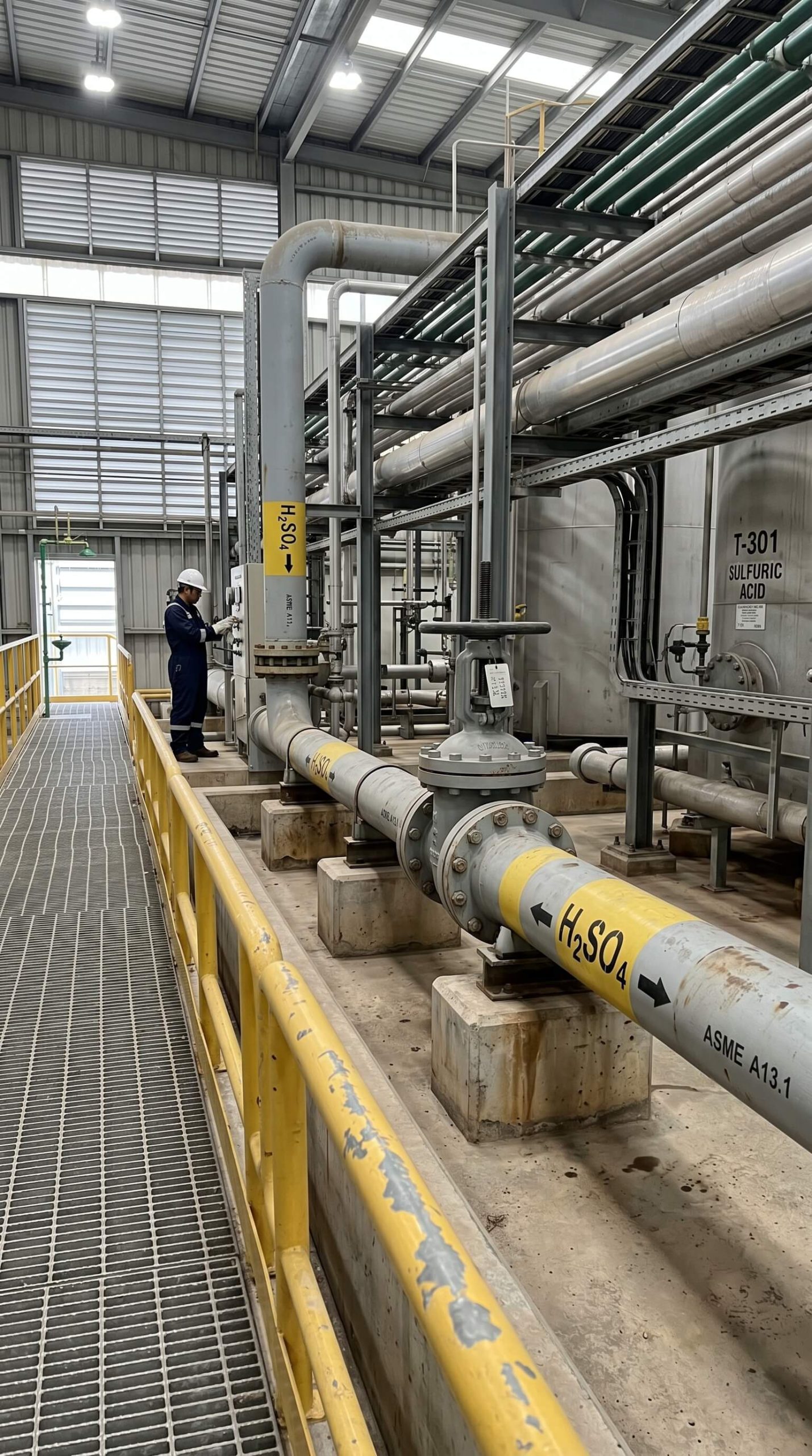 Industrial pipework handling corrosive chemicals, showing PTFE lined valves installed in a chemical plant.