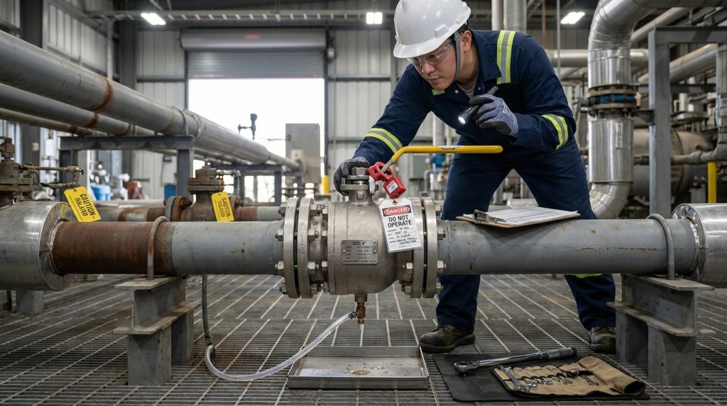 Technician checking why a ball valve won't turn on an isolated industrial pipeline