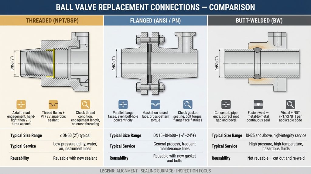 Comparison of threaded flanged and welded ball valve replacement connections