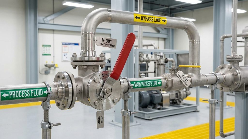 Three-way ball valve installed in a chemical processing bypass line