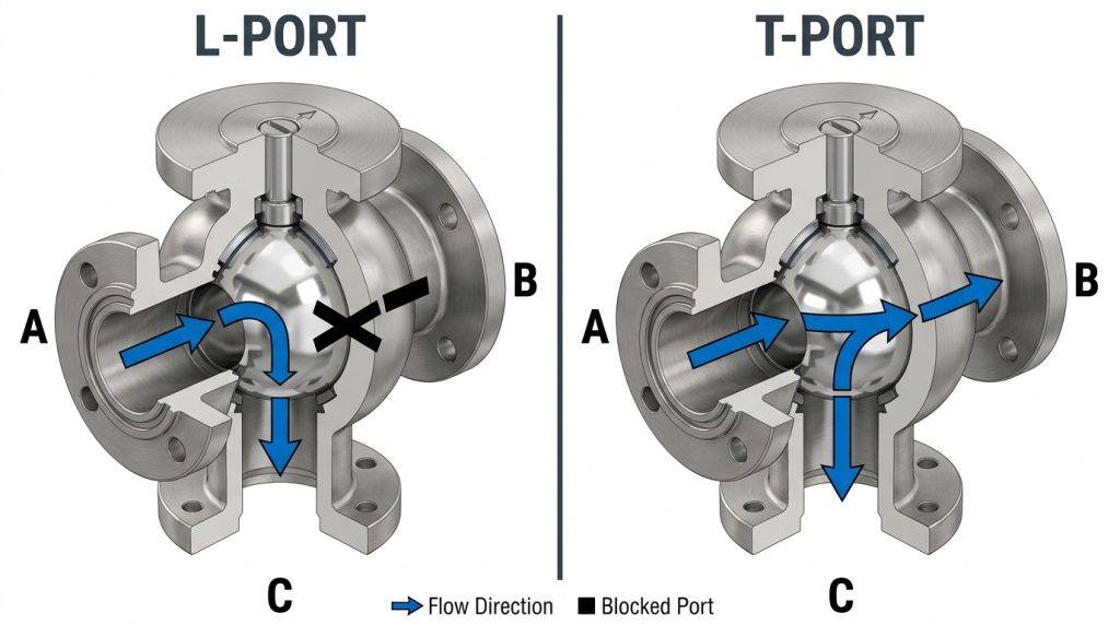 3-way ball valve diagram showing L-port and T-port flow paths with labeled ports