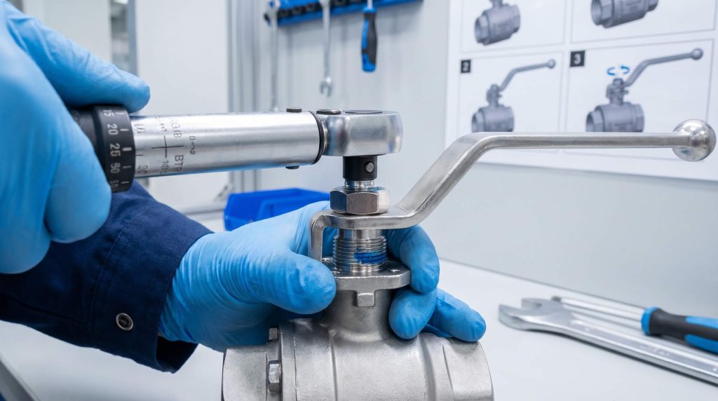 Technician using a torque wrench to tighten a new handle onto a valve