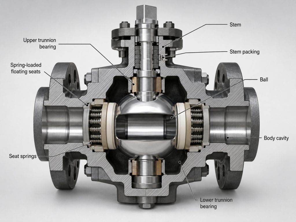 Ball valve trunnion cutaway showing supported ball and spring-loaded seats