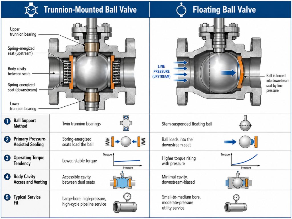 Side-by-side comparison of trunnion-mounted and floating ball valve mechanics