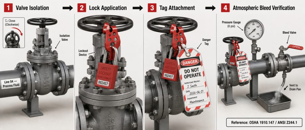 Lockout Tagout safety procedure diagram for piping valves
