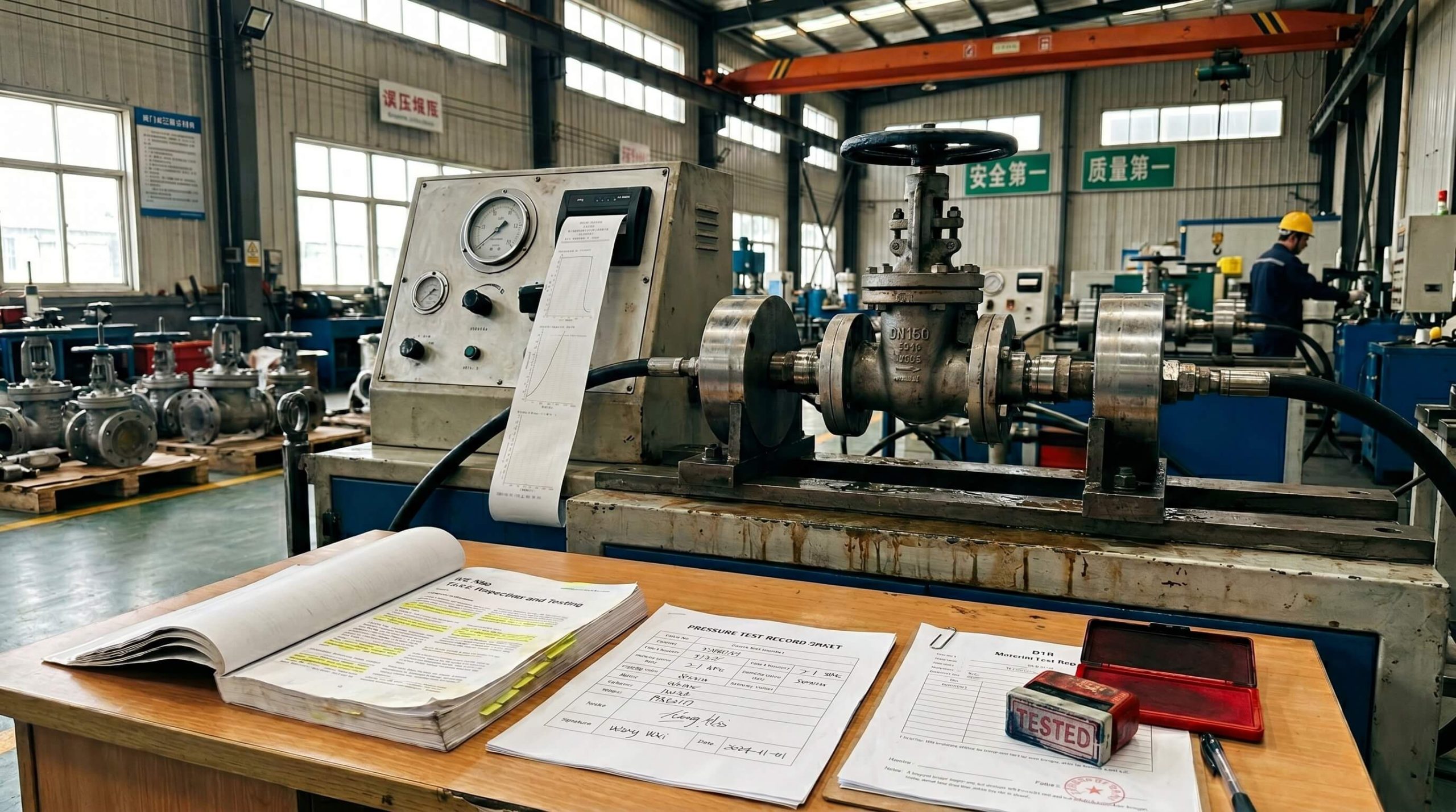 Quality control inspector reviewing documentation with industrial equipment in background.