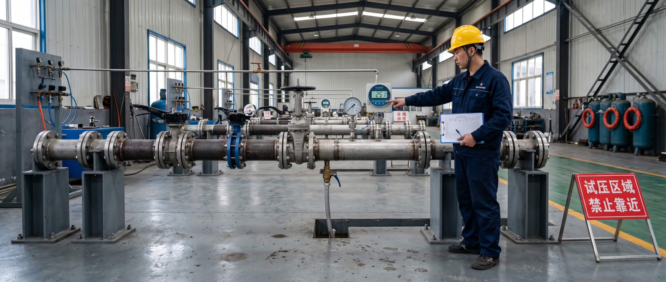 Technician performing a sealing test on a large butterfly valve.