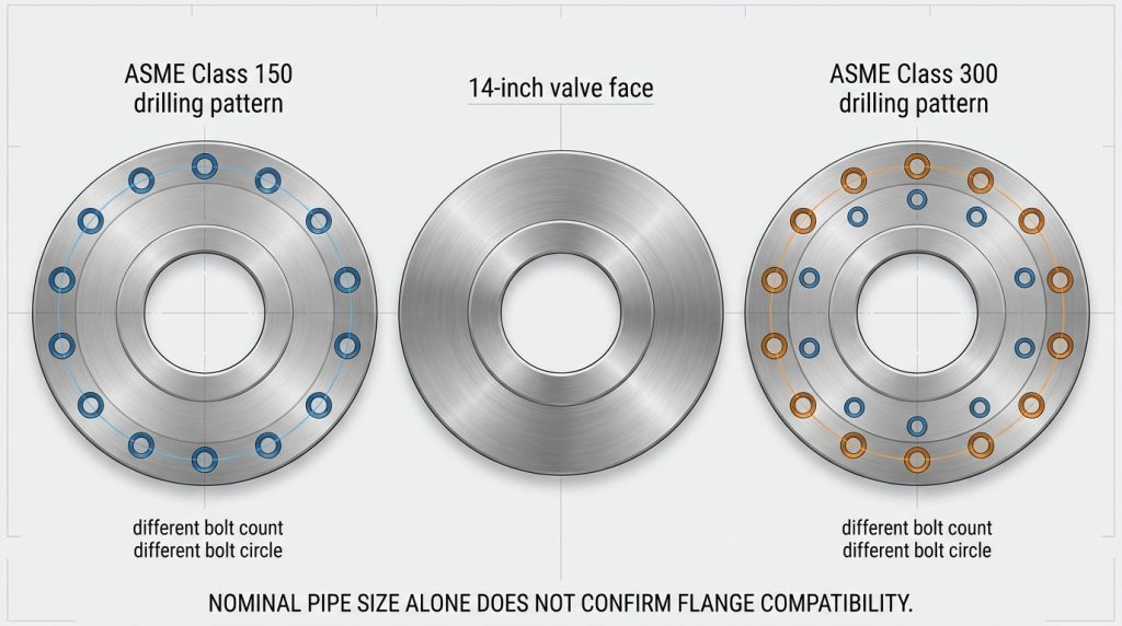 Side-by-side flange fit comparison showing why Class 150 and Class 300 bolt patterns cannot be assumed interchangeable