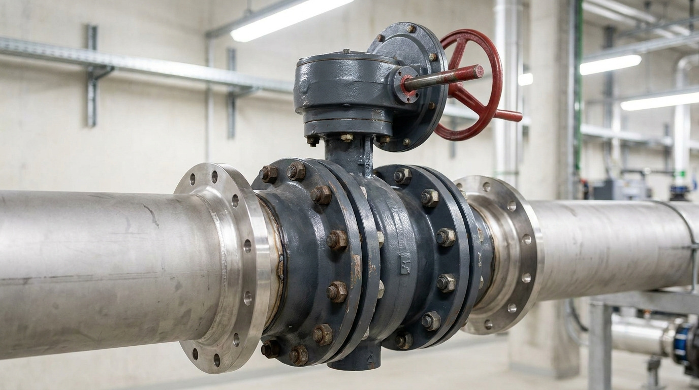 A 14″ butterfly valve with worm gear operator installed between large industrial pipe flanges in a clean utility pipeline setting