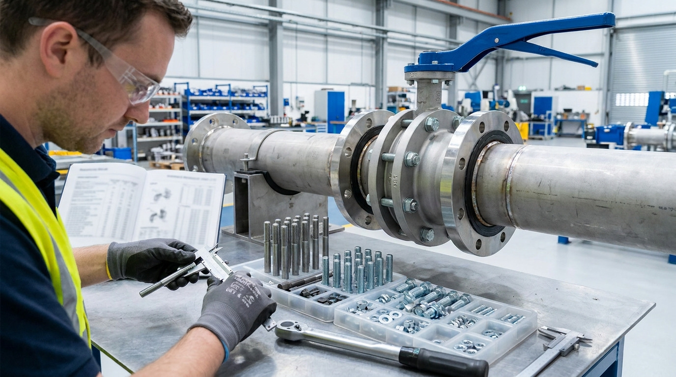 An industrial technician checking a 150 butterfly valve bolt chart while selecting bolts for a Class 150 butterfly valve flange connection