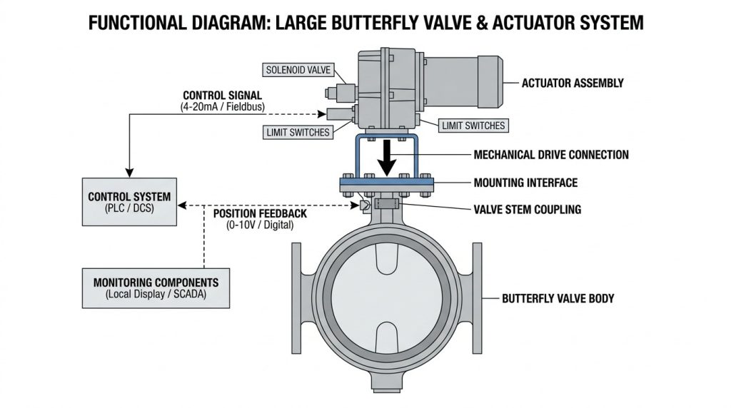 Butterfly valve actuator mounted on a large valve body with control components and mechanical connection points visible in an industrial installation layout