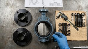 3 inch butterfly valve bolt size selection with wafer valve, ASME Class 150 flanges, and studs laid out on a workbench