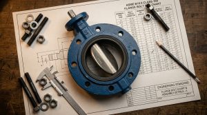 300 butterfly valve bolt chart reference with ASME Class 300 flanged butterfly valve and stud bolts on engineering drawing