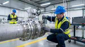 Photorealistic industrial pipeline installation scene showing a technician checking a butterfly valve connection with correctly matched 4 butterfly valve bolt size hardware in a factory environment.