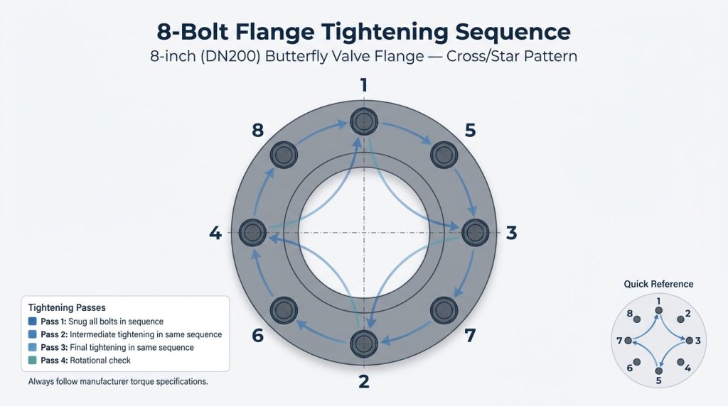 Star pattern bolt tightening sequence diagram for an 8-bolt flange on an 8 inch butterfly valve