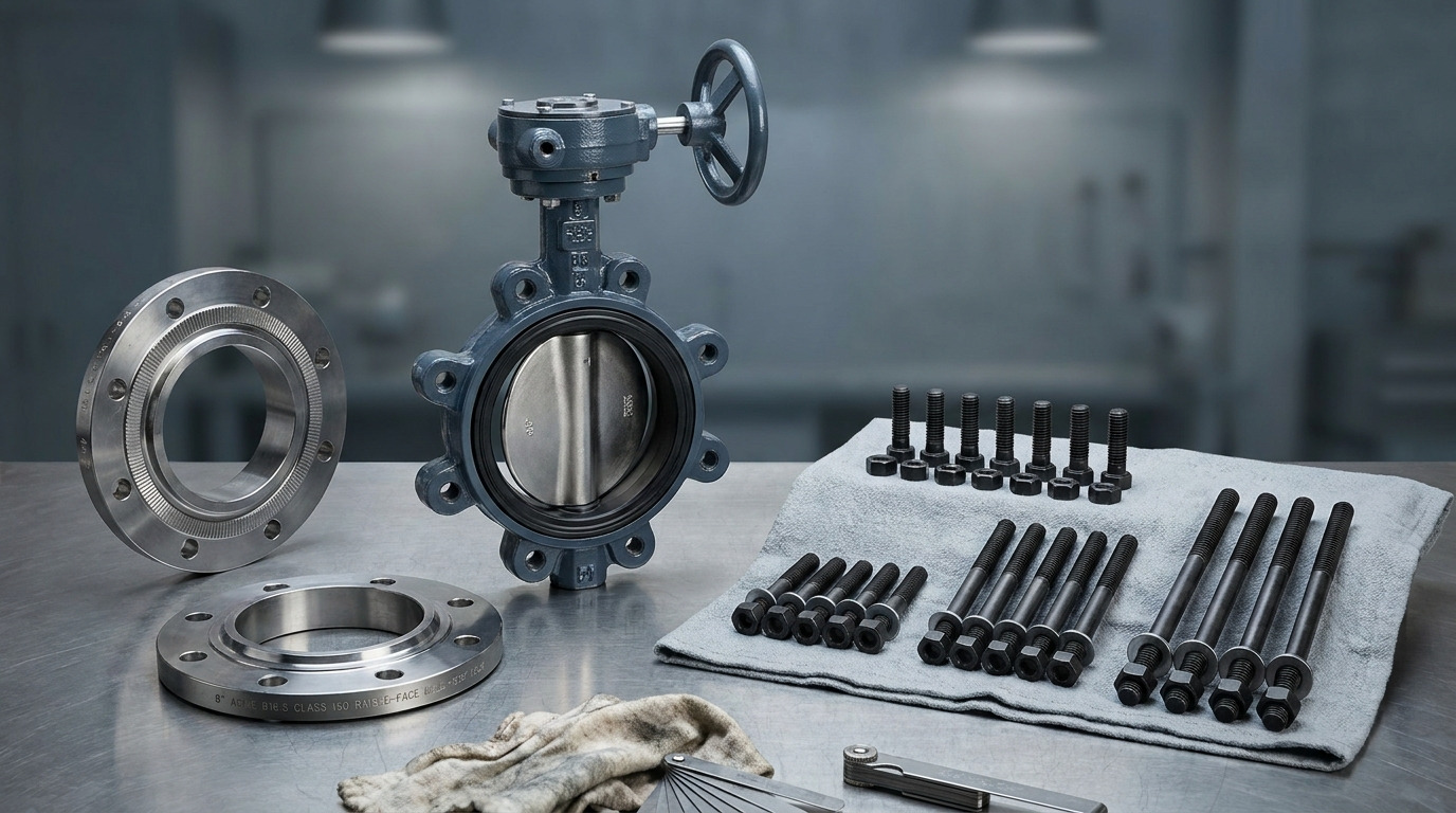 8 inch butterfly valve bolt size selection for wafer, lug, and flanged valves shown with stud bolts and nuts on flange
