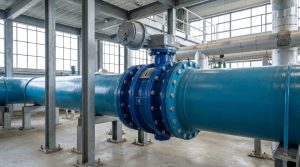 AWWA C504 butterfly valve installed in a water treatment facility pipeline showing a large resilient-seated valve, actuator assembly, and professional water infrastructure environment