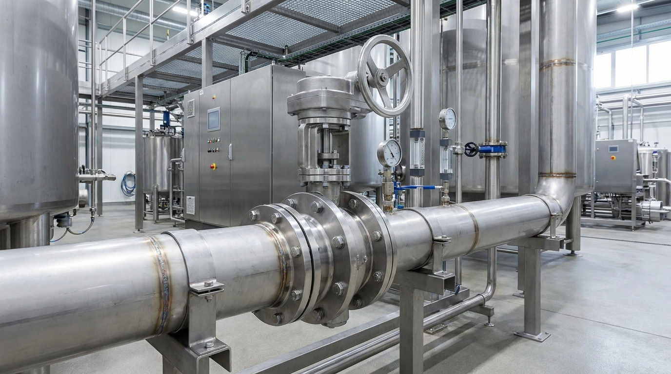 Photorealistic industrial butterfly valve characteristics showing a stainless steel butterfly valve installed in a modern pipeline system at a processing facility, with clean piping, actuator assembly, and realistic industrial operating environment.