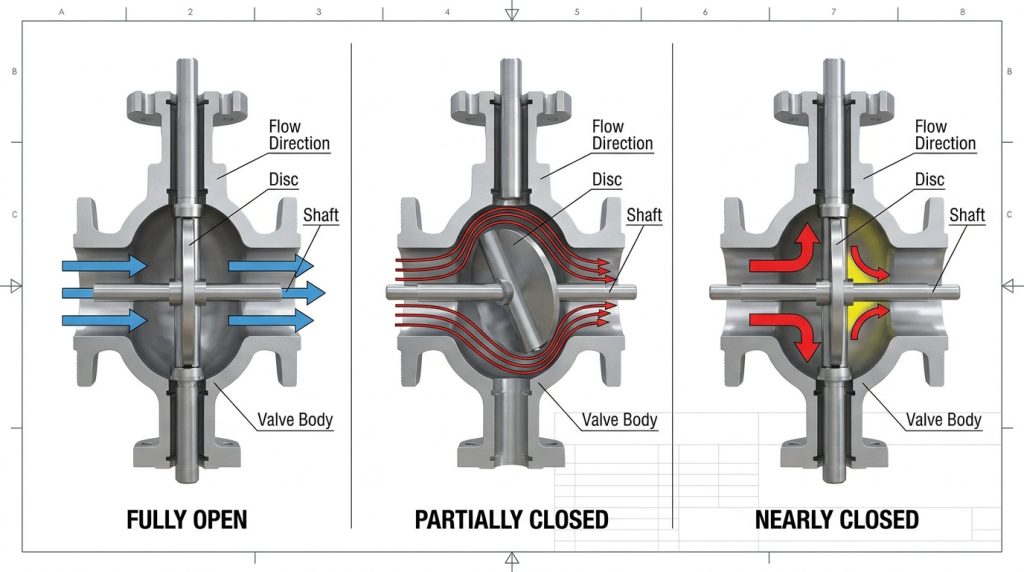 Internal working principle of a butterfly valve showing disc rotation angle changes and how flow resistance increases during throttling operation