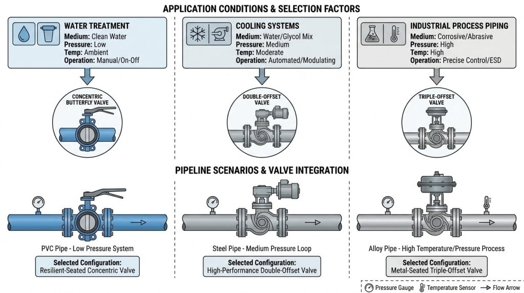 Industrial butterfly valve configuration selection diagram showing valve options matched with water treatment, cooling systems, and process piping applications based on service conditions and installation requirements.