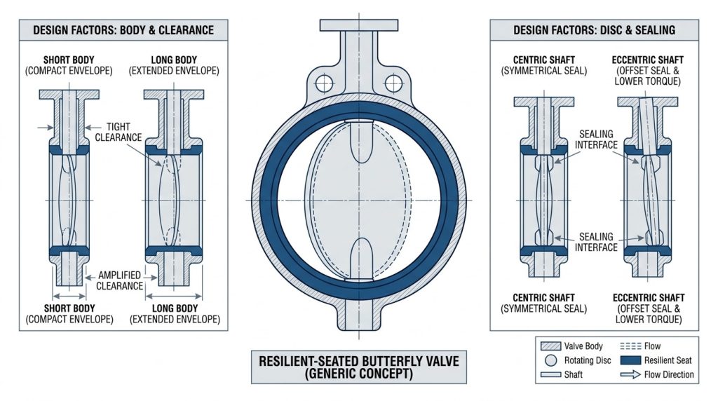 Cross-section style technical view comparing butterfly valve body geometry and disc movement features relevant to waterworks installation requirements