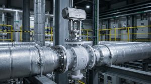 Cryogenic butterfly valve installed in an LNG processing environment, showing the compact valve assembly, extended stem, actuator, and insulated piping system used for low-temperature fluid isolation.
