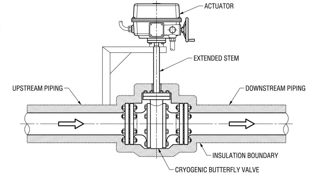 Technical layout of a cryogenic butterfly valve in an LNG train showing the valve position between process piping sections, actuator location, and flow isolation role.