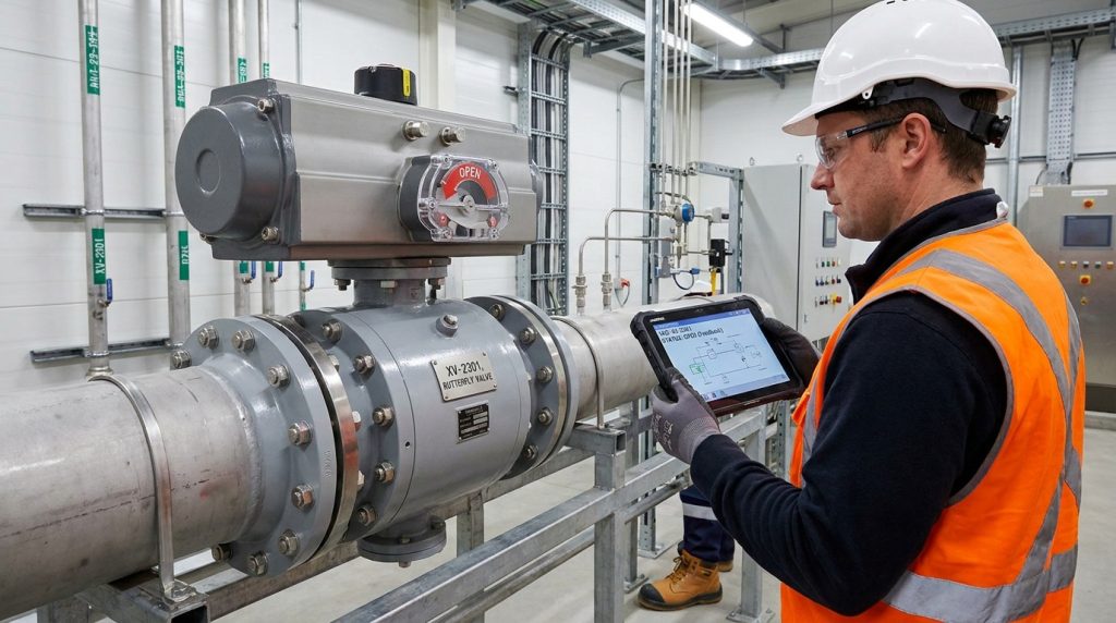 Actuated butterfly valve being checked locally while the control panel shows open feedback for the same valve.