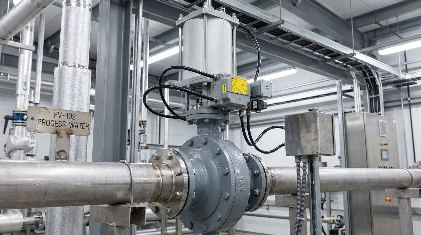 air butterfly valve installed on an industrial process pipeline with pneumatic actuator, control accessories, and a realistic plant operating environment showing automated flow control equipment