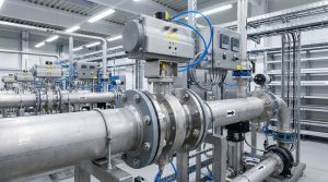 Air operated butterfly valve installed in an industrial piping system with pneumatic actuator, stainless steel pipelines, and automated flow control equipment in a modern processing facility