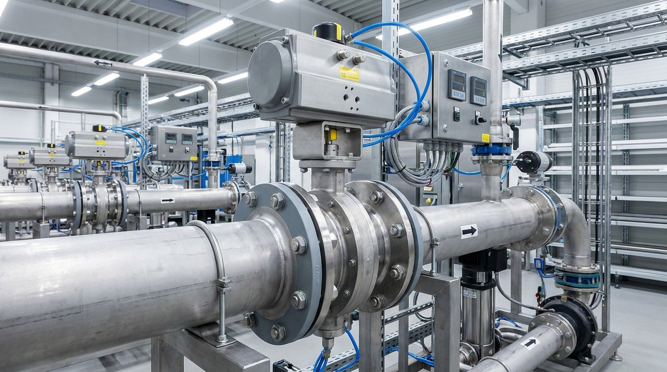 Air operated butterfly valve installed in an industrial piping system with pneumatic actuator, stainless steel pipelines, and automated flow control equipment in a modern processing facility