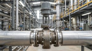 Photorealistic api 609 butterfly valve installed in an industrial pipeline system for petroleum and chemical flow control applications, showing a heavy-duty valve body, actuator assembly, and realistic processing facility environment.
