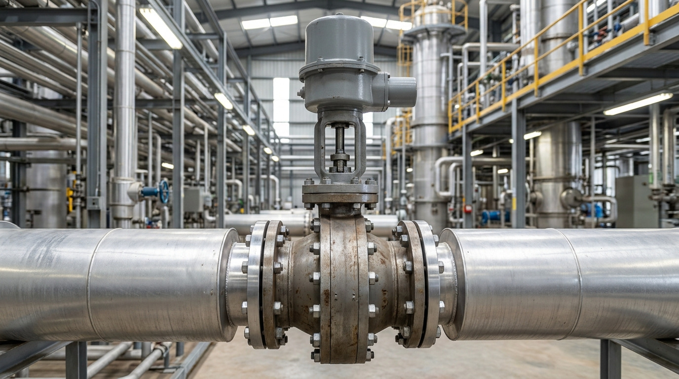 Photorealistic api 609 butterfly valve installed in an industrial pipeline system for petroleum and chemical flow control applications, showing a heavy-duty valve body, actuator assembly, and realistic processing facility environment.