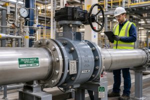 API 609 butterfly valve installed in an industrial piping line with flanges, actuator, inspection tags, and surrounding process equipment.