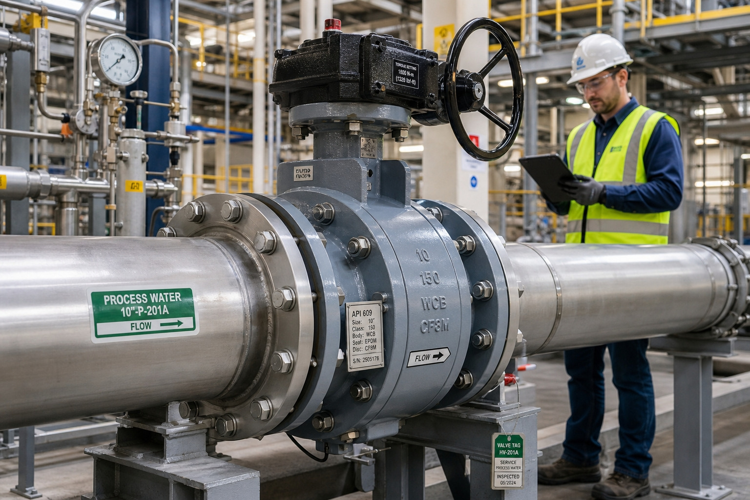 API 609 butterfly valve installed in an industrial piping line with flanges, actuator, inspection tags, and surrounding process equipment.