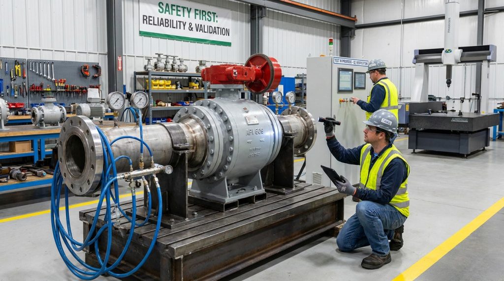 Industrial technician inspecting an API 609 butterfly valve pressure testing process with pipeline equipment and factory quality control environment in the background.