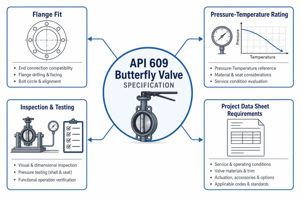 Standards relationship graphic linking API 609 butterfly valve specification with flange fit, pressure-temperature rating, and valve testing requirements.