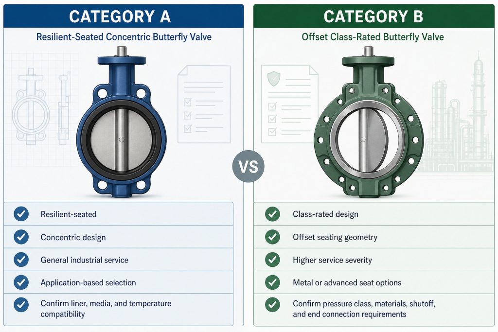 Comparison visual showing Category A resilient-seated concentric butterfly valve selection versus Category B class-rated offset butterfly valve selection.