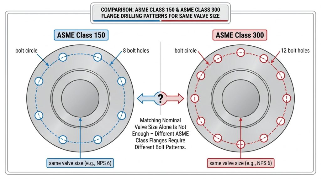 ASME Class 150 and Class 300 flange drilling comparison for the same butterfly valve size, showing different bolt circle and hole count.