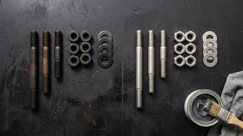 ASTM A193 B7 stud bolts and A194 2H nuts alongside stainless B8M fasteners for Class 300 flanged butterfly valve service