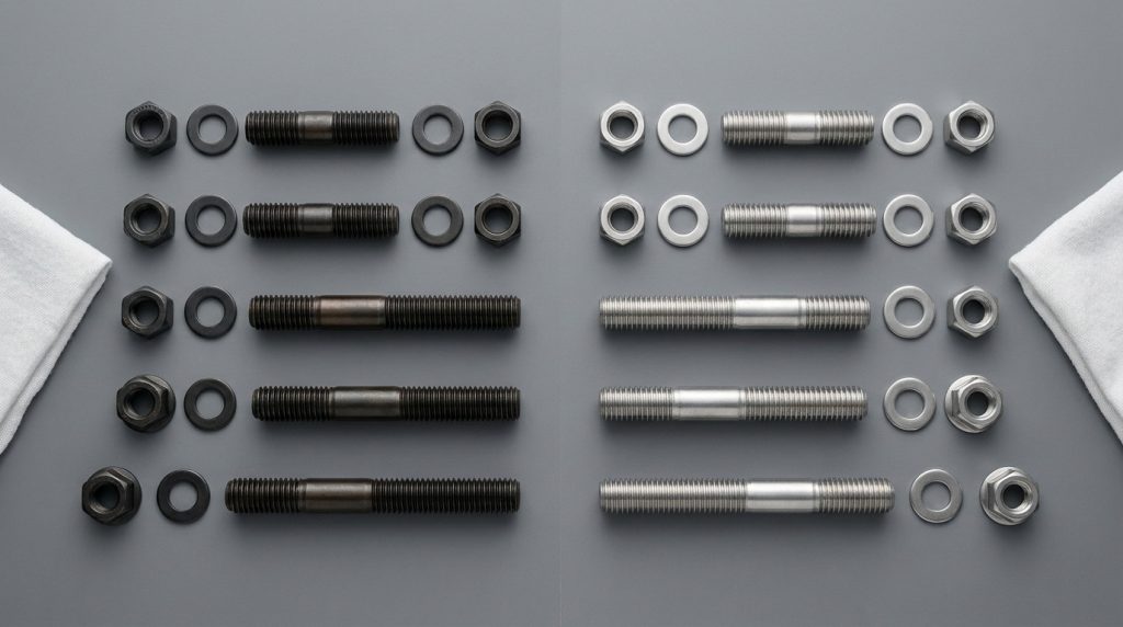 Assorted ASTM A193 B7 and stainless steel stud bolts with heavy hex nuts used on butterfly valve flange joints