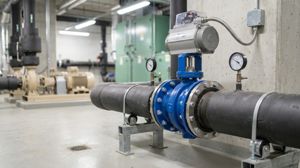 Automated butterfly valve controlling flow in a cooling water or HVAC mechanical room piping system.